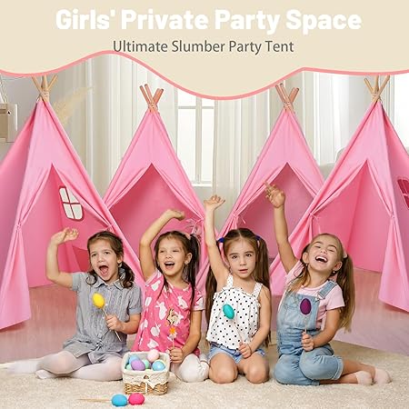 Wilwolfer 4 Pack Pink Teepee Tent Kids with Lights& Flag – Play Tent for Girls-Indoor Outdoor Foldable Toddler Playhouse-Sleepover Party Supplies-Best Gift for Party Decor
