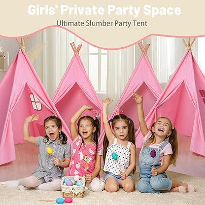 Wilwolfer 4 Pack Pink Teepee Tent Kids with Lights& Flag – Play Tent for Girls-Indoor Outdoor Foldable Toddler Playhouse-Sleepover Party Supplies-Best Gift for Party Decor
