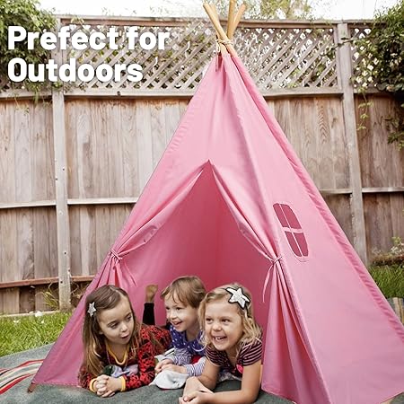 Wilwolfer 6 Pack Pink Kids Teepee Tent with Lights&Flag – Play Tent for Girls Sleepover Party - Indoor Foldable Toddler Playhouse Supplies-Best Gift for Party Decor