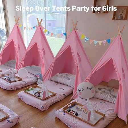 Wilwolfer Sleepover Pink Teepee Tent-4 Pack Tipi Playhouse for Kids with Lights& Flag& Inflatable Airbed -Indoor/Outdoor Foldable -Slumber Party Tent-Sleepover Party Supplies