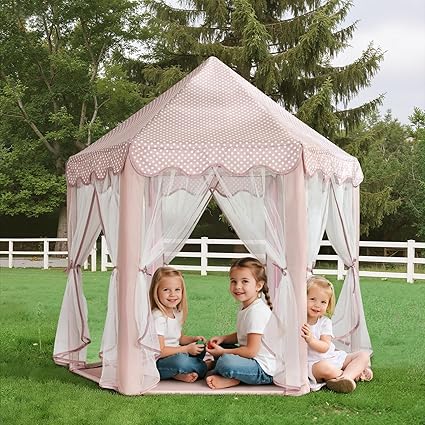 Wilwolfer Princess Castle Play Tent for Girls Large Kids Play Tents Hexagon Playhouse with Star Lights Toys for Children Indoor Games