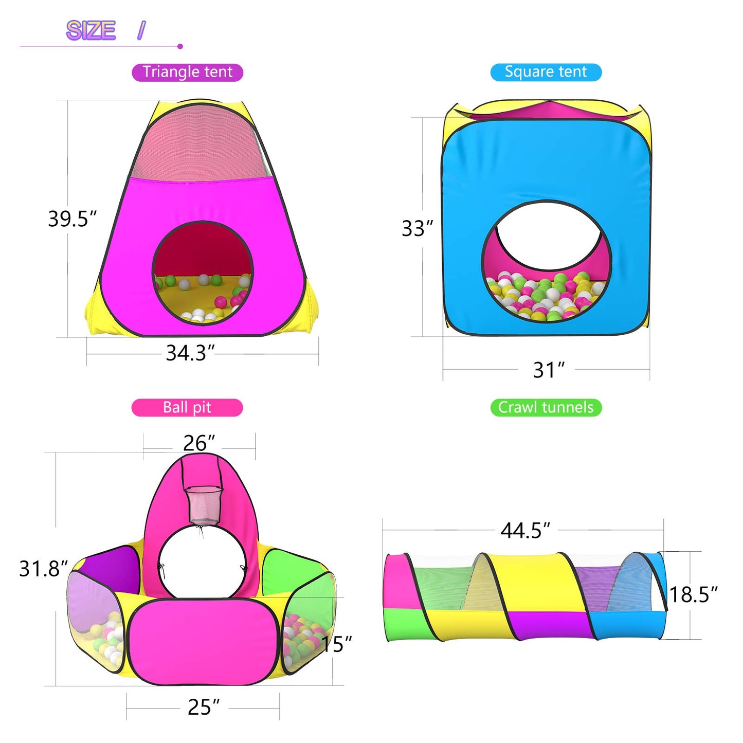 5pc Kids Play Tent for Toddler with 1 Baby Ball Pits, 2 Baby Crawl Tunnels, 2 Pop Up Tents