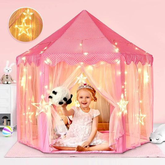 wilwolfer Princess Tent for Girls with Large Star Lights, Kids Play Tent Large Space Playhouse for Children Indoor Games, Toy & Gift for Kids Girls & Boys Age 3+ Child