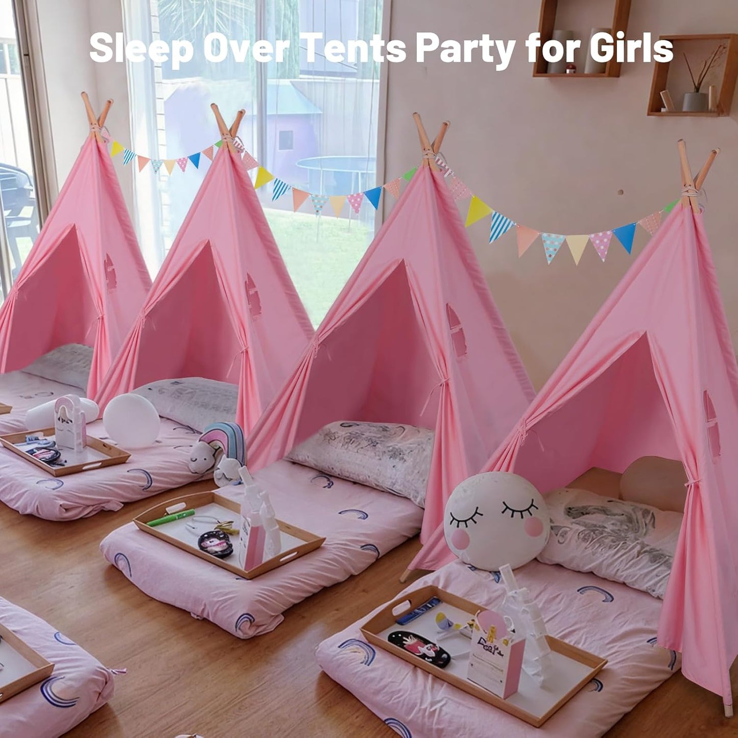 Wilwolfer Sleepover Tents for Kids Party-6 Pack Tipi Playhouse for Kids with Lights& Flag& Inflatable Airbed -Indoor/Outdoor Foldable -Slumber Party Tent-Sleepover Party Supplies