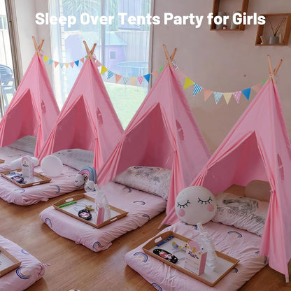 Wilwolfer Sleepover Tents for Kids Party-6 Pack Tipi Playhouse for Kids with Lights& Flag& Inflatable Airbed -Indoor/Outdoor Foldable -Slumber Party Tent-Sleepover Party Supplies