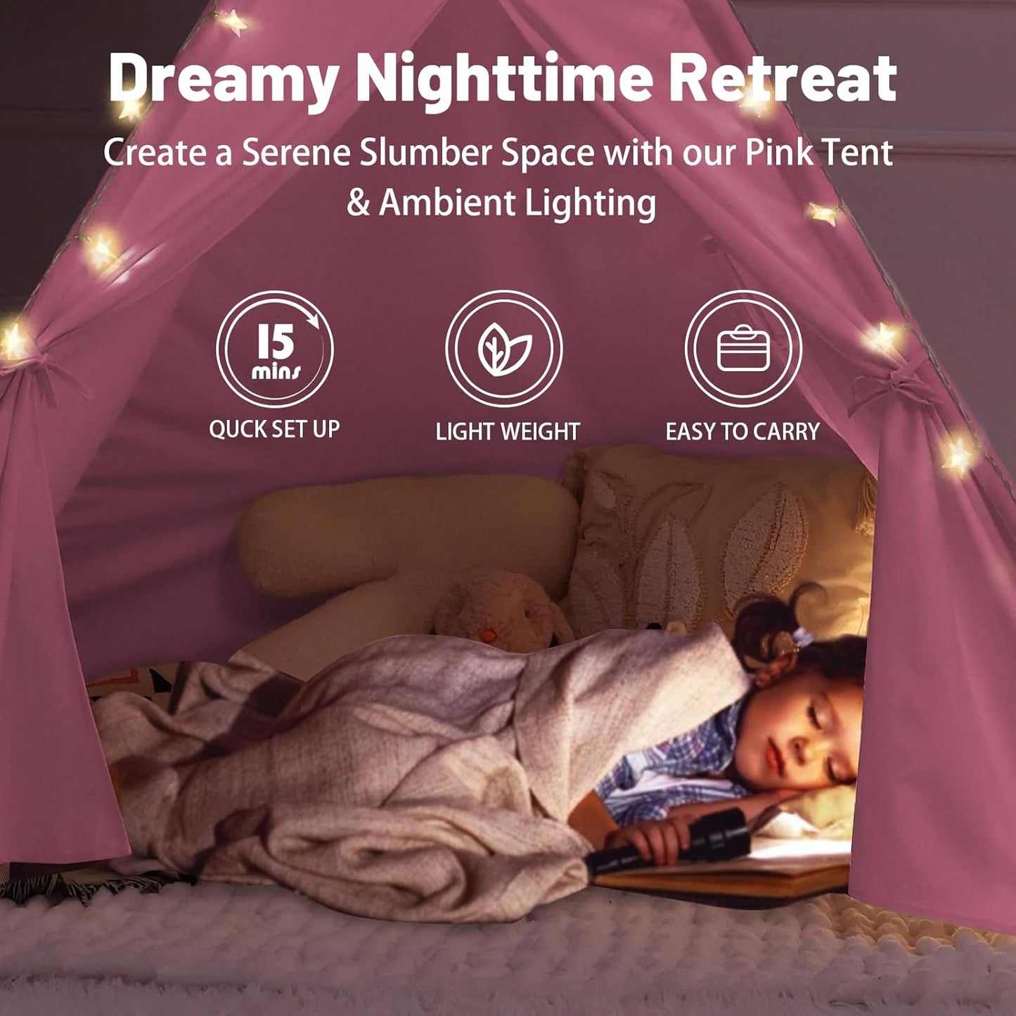 Wilwolfer 6 Pack Pink Kids Teepee Tent with Lights&Flag – Play Tent for Girls Sleepover Party - Indoor Foldable Toddler Playhouse Supplies-Best Gift for Party Decor