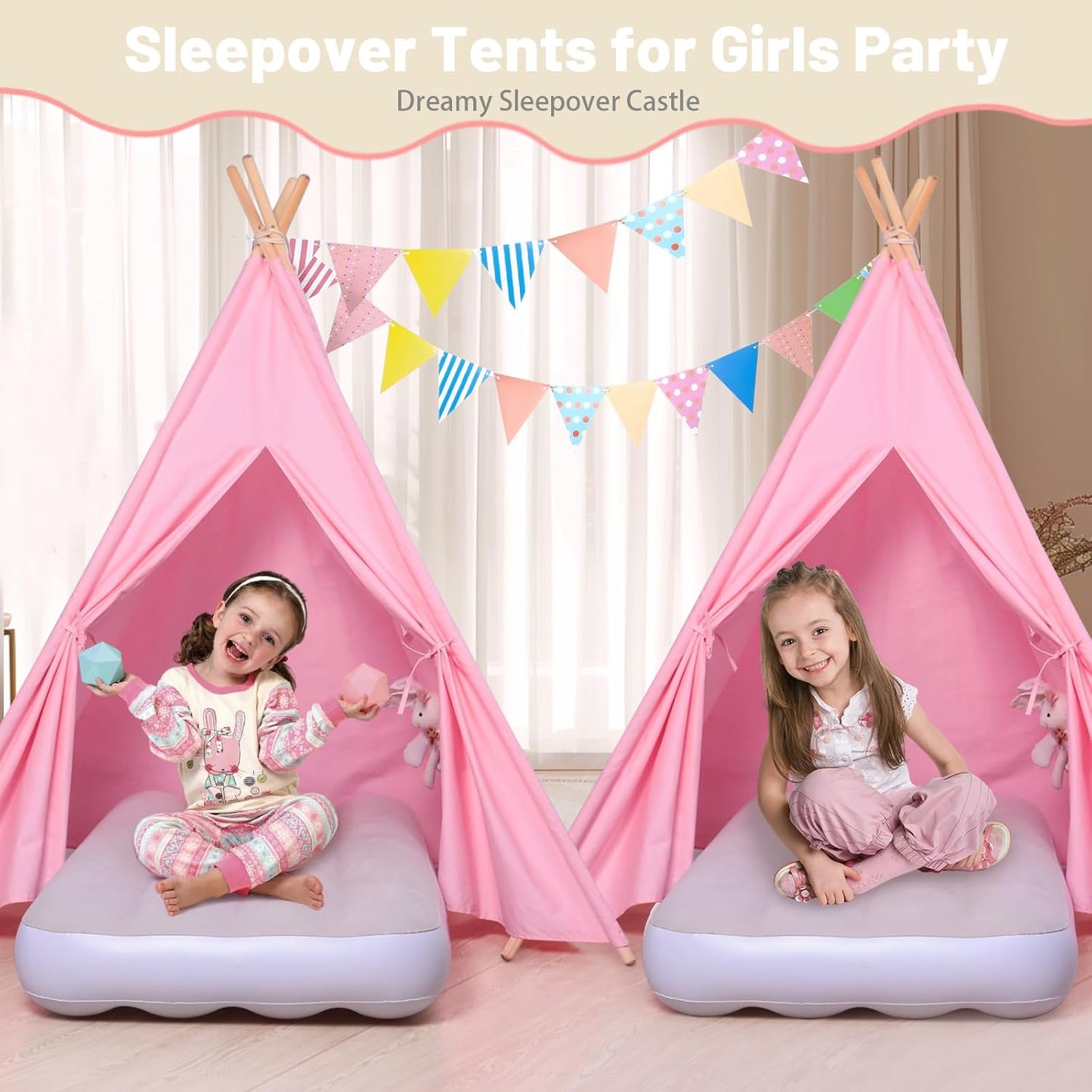 Wilwolfer Pink Sleepover Teepee Tent for Kids-2 Pack Tipi Playhouse for Kids with Lights& Flag& Inflatable Airbed -Indoor/Outdoor Foldable- Slumber Party Tent -Sleepover Party Supplies