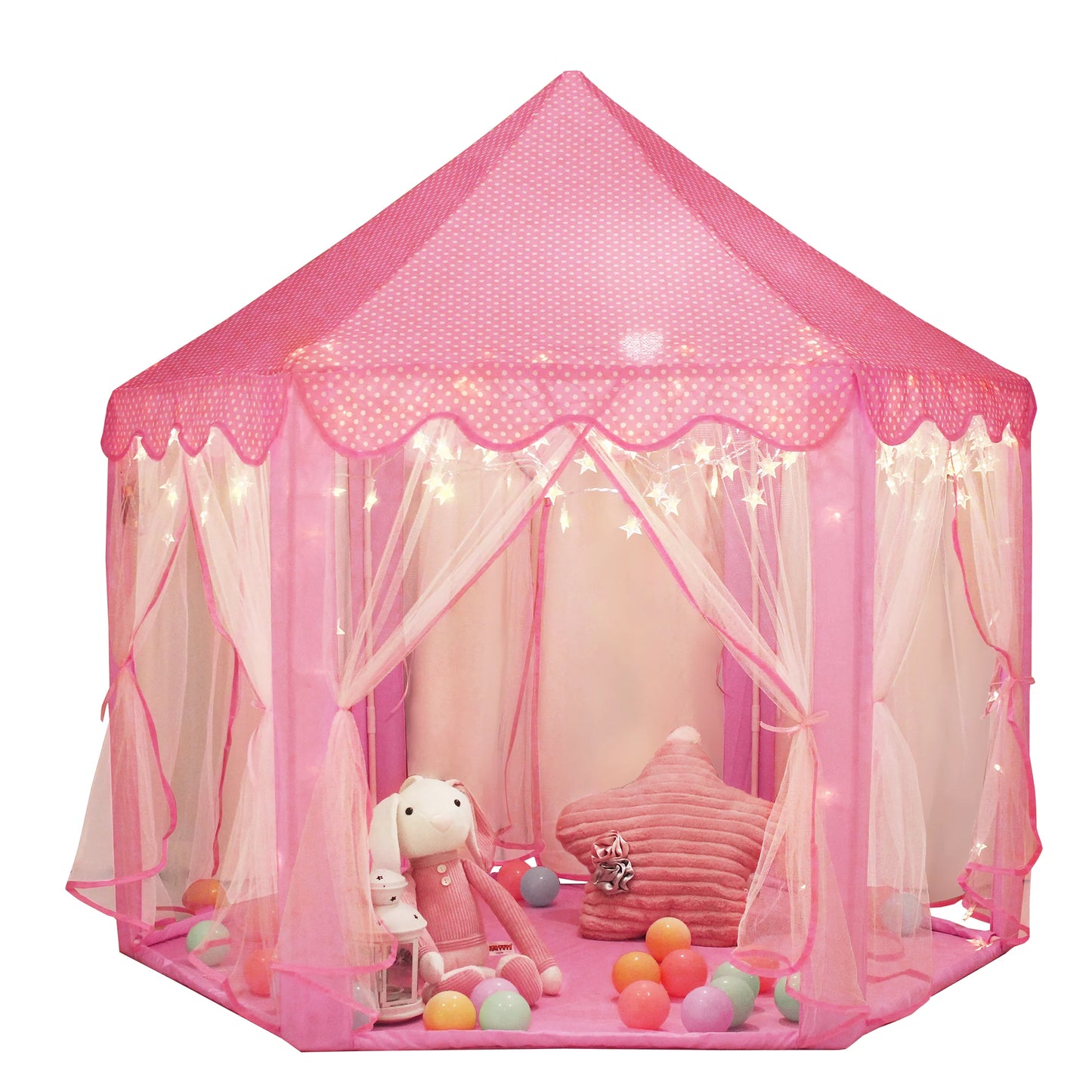 Princess Castle Kids Play Tent Toys for 3 6 8 12 Years Indoor Girls Hexagon Playhouse with Star Lights