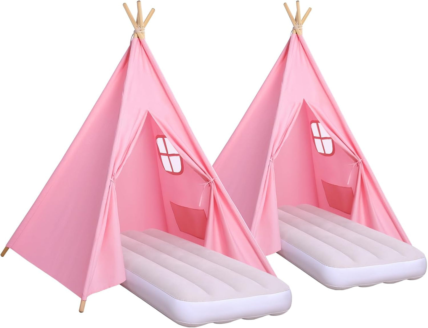 Wilwolfer Pink Sleepover Teepee Tent for Kids-2 Pack Tipi Playhouse for Kids with Lights& Flag& Inflatable Airbed -Indoor/Outdoor Foldable- Slumber Party Tent -Sleepover Party Supplies
