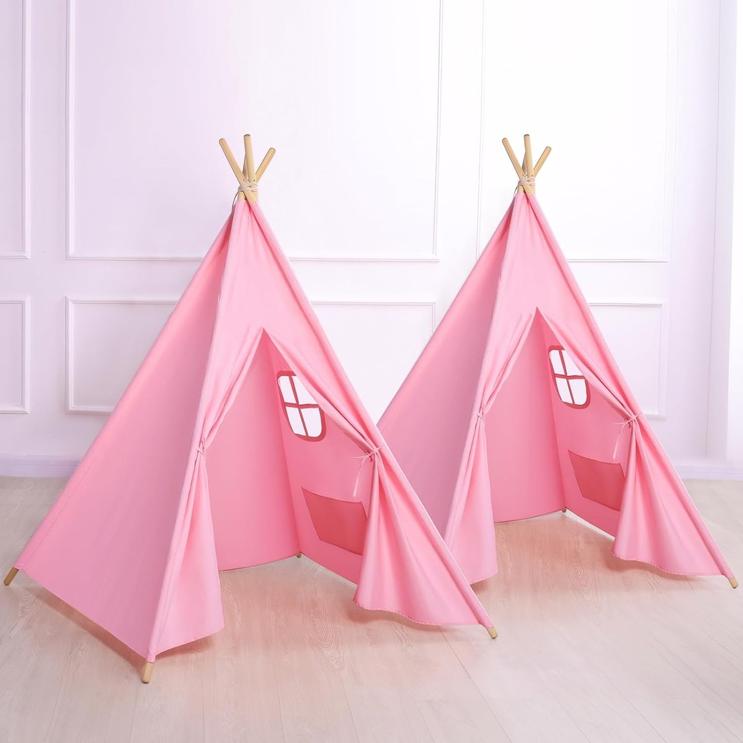 Wilwolfer 2 Pack Pink Kids Teepee Tent with Lights&Flag – Play Tent for Girls-Indoor Outdoor Foldable Toddler Playhouse -Sleepover Party Supplies-Best Gift for Party Decor