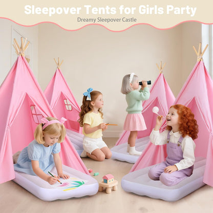 Wilwolfer Sleepover Pink Teepee Tent-4 Pack Tipi Playhouse for Kids with Lights& Flag& Inflatable Airbed -Indoor/Outdoor Foldable -Slumber Party Tent-Sleepover Party Supplies