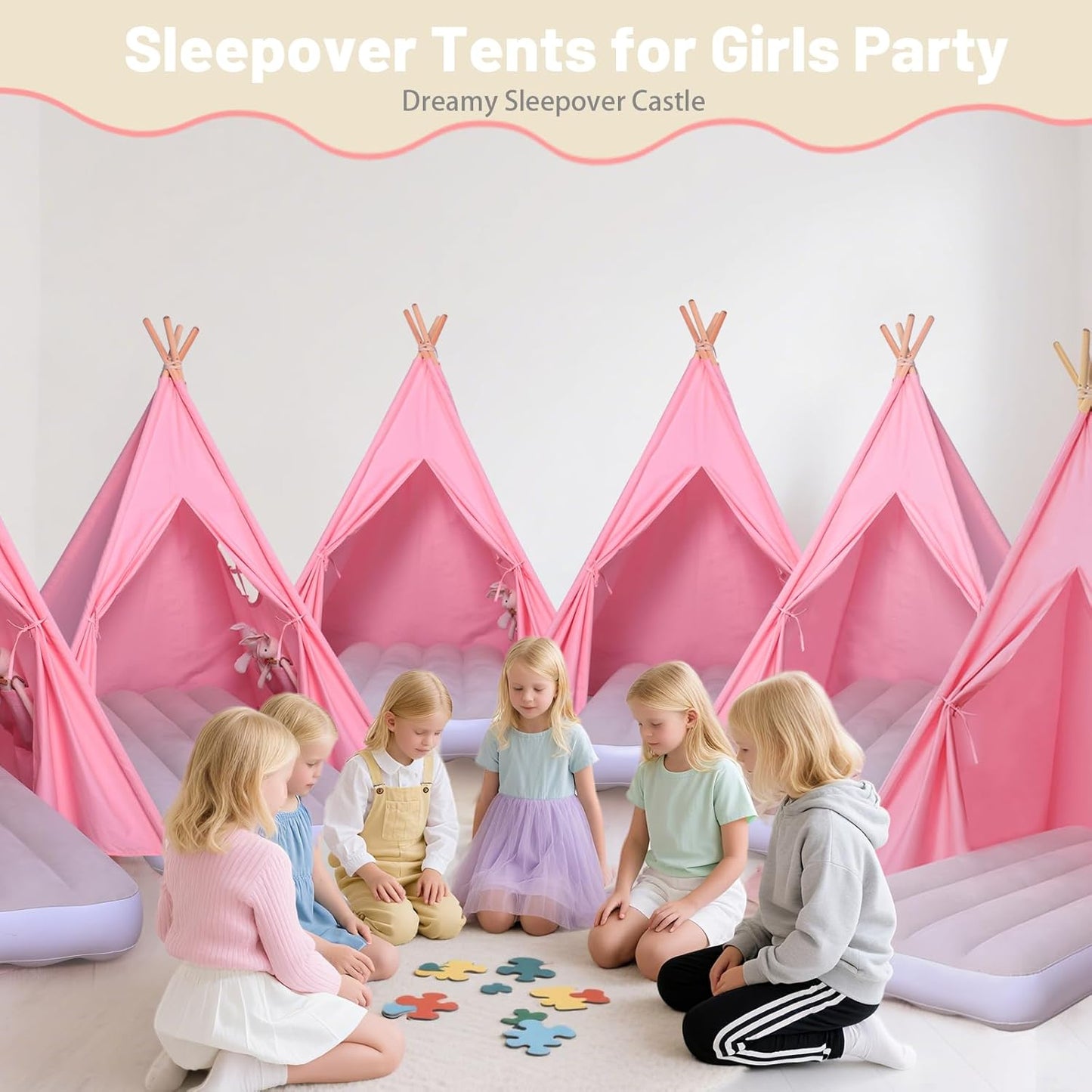 Wilwolfer Sleepover Tents for Kids Party-6 Pack Tipi Playhouse for Kids with Lights& Flag& Inflatable Airbed -Indoor/Outdoor Foldable -Slumber Party Tent-Sleepover Party Supplies