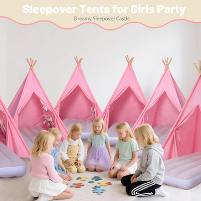 Wilwolfer Sleepover Tents for Kids Party-6 Pack Tipi Playhouse for Kids with Lights& Flag& Inflatable Airbed -Indoor/Outdoor Foldable -Slumber Party Tent-Sleepover Party Supplies