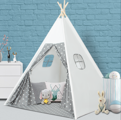 wilwolfer Kids Teepee Play Tent for Child with Carry Case + Mat with Stars + Two Windows(Tipi with stars)