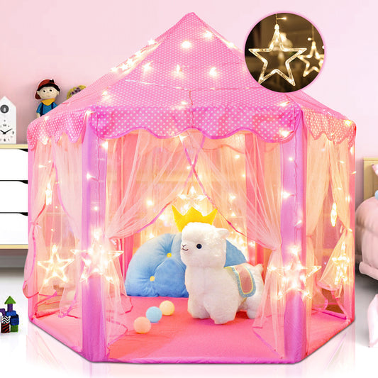 Princess Castle Kids Play Tent Toys for 3 6 8 12 Years Indoor Girls Hexagon Playhouse with Star Lights