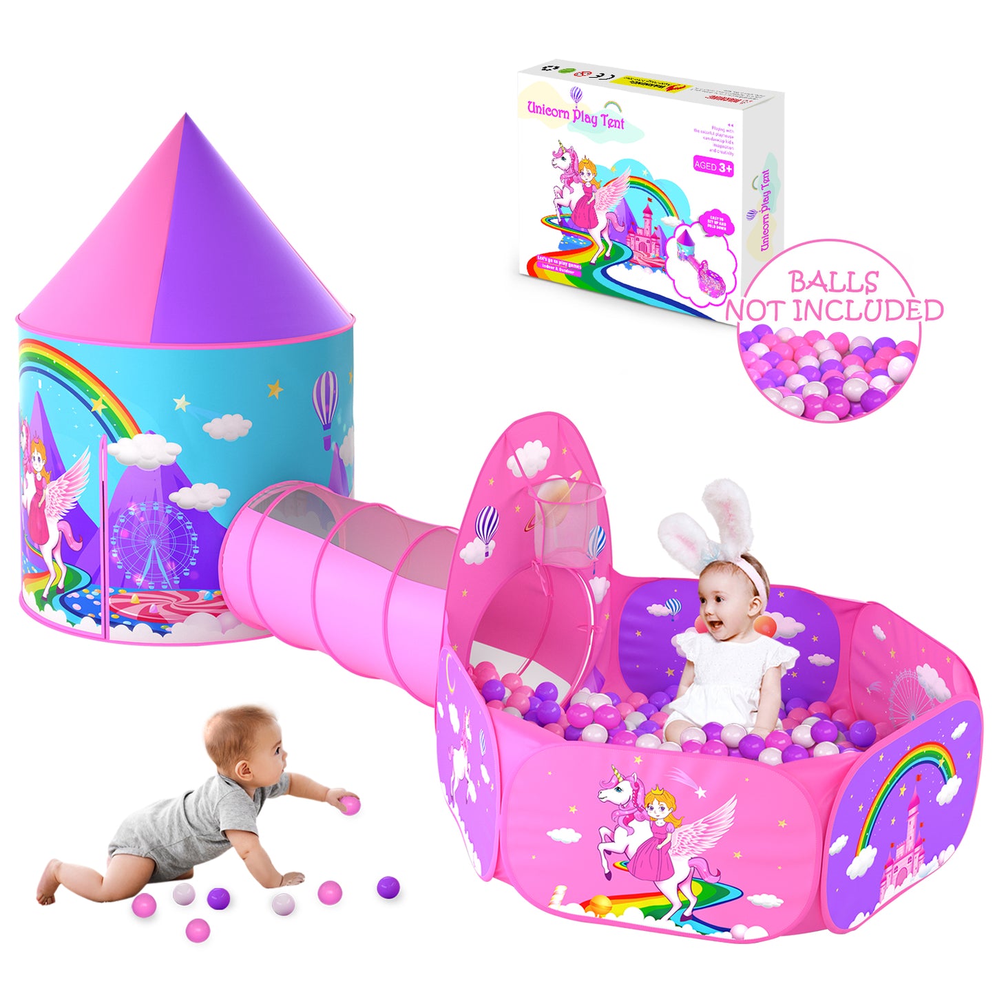 Gift for Girls Playhouse with Drawing Book, Unicorn Princess Castle Play Tent for Kids Girls & Pop Up Play Tunnel & Ball Pit & Basketball Hoop
